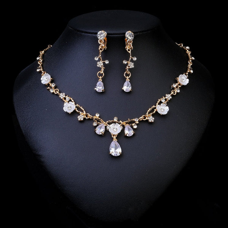 Rhinestone Pearl Earrings And Necklace Set Women - Serenity Spaces