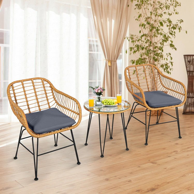 3 Pieces Rattan Furniture Set With Cushioned Chair Table - Serenity Spaces