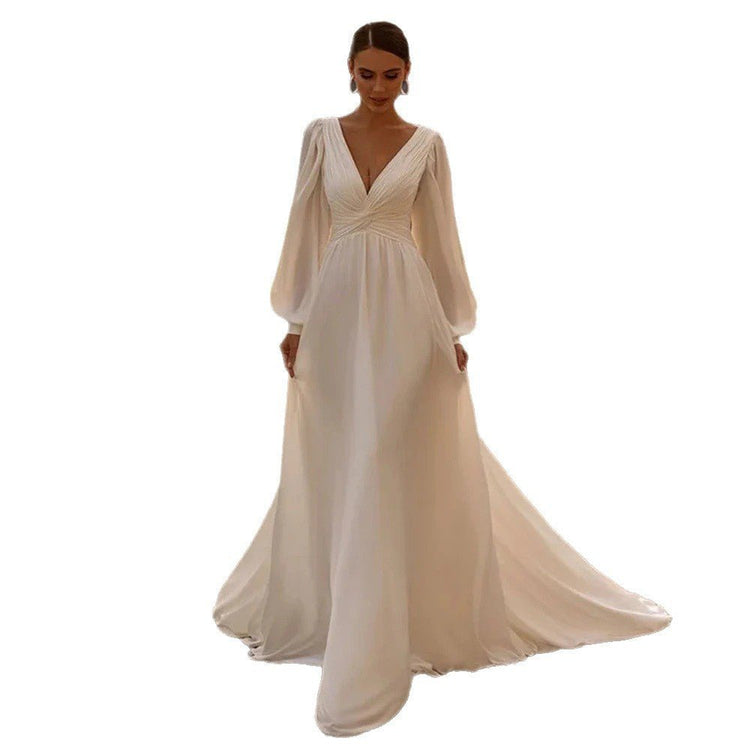 Bridal Chiffon Deep V Satin Long Sleeve Light Yarn Gown - Serenity Spaces