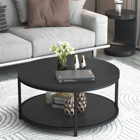 round Coffee Table, 36" Rustic Wooden Surface Top & Sturdy Metal Legs Industrial Sofa Table for Living Room Modern Design Home Furniture with Storage Open Shelf (Black Oak)