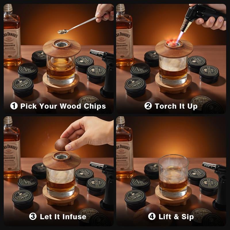 Old Fashioned Whiskey Smoker Kit – Cocktail Smoker Gift Set with 2 Glasses, 6 Wood Chip Flavors & Clear Ice Makers, Bourbon Whiskey Gifts for Men (Butane Not Included) - Serenity Spaces