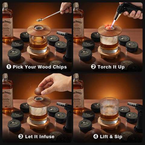 Old Fashioned Whiskey Smoker Kit – Cocktail Smoker Gift Set with 2 Glasses, 6 Wood Chip Flavors & Clear Ice Makers, Bourbon Whiskey Gifts for Men (Butane Not Included)