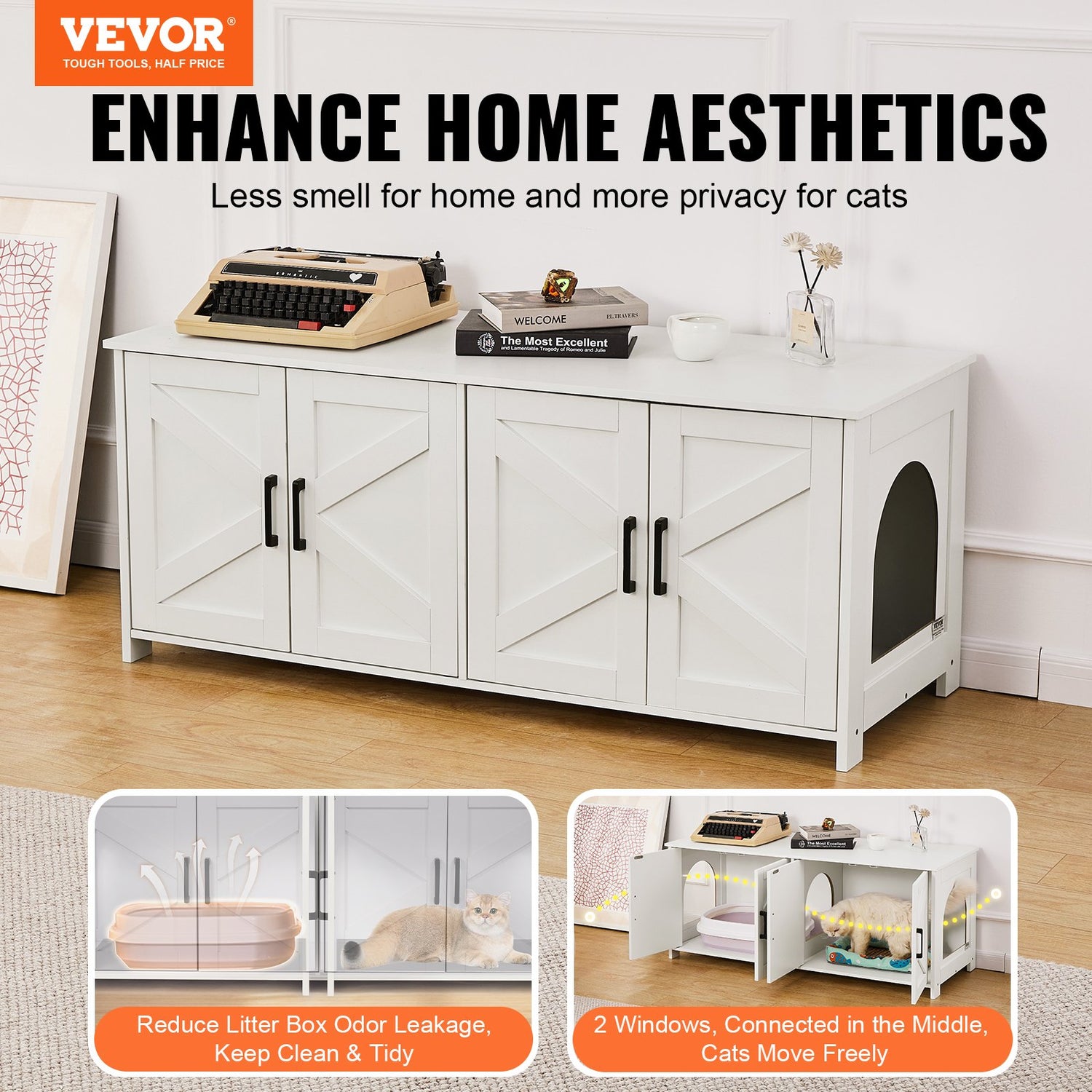 Cat Litter Box Enclosure Wooden Litter Box Furniture Hidden 2 Rooms White - Serenity Spaces