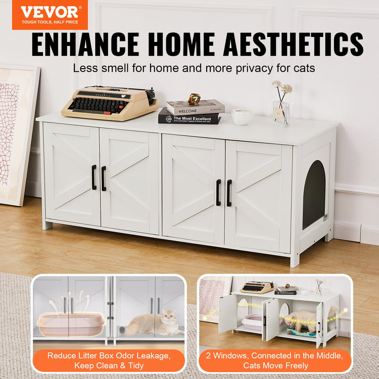 Cat Litter Box Enclosure Wooden Litter Box Furniture Hidden 2 Rooms White - Serenity Spaces