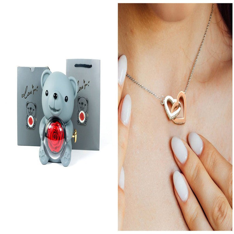 Eternal Rose Teddy Bear Gifts Box With Necklace Rotate Rose Jewelry Box Valentine Wedding Storage Gift Case For Women Girlfriend - Serenity Spaces