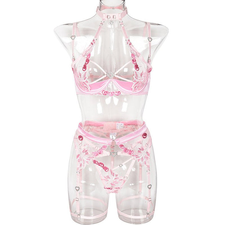 Love Drill Buckle Sexy Cutout Embroidered Sexy Lingerie Suit - Serenity Spaces