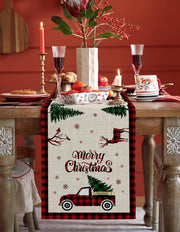 Christmas Truck Cotten Linen Table Runners 90 Inches Long, Red Buffalo Plaid, Non-Slip Burlap Table Cloth Runner for Home/Dining/Wedding/Party/Holiday, Farmhouse Christmas Theme Table Decorations