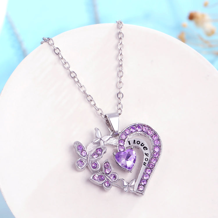 Ins Butterfly Love Necklace With Rhinestones Fashion Personality Hollow Heart - shaped Clavicle Chain Pendant Necklace For Valentine&