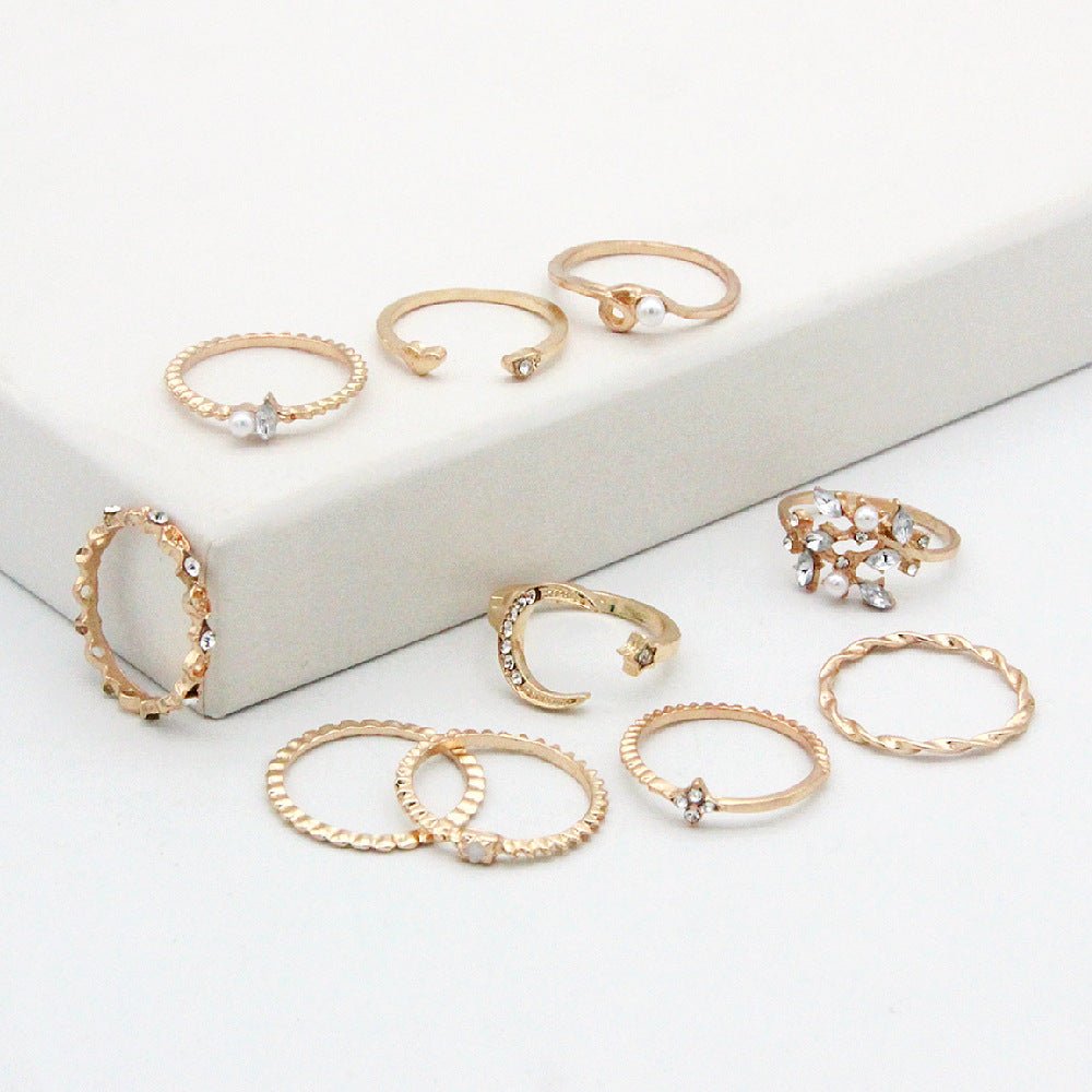 Bohemian Fashion Star Moon Love Pearl Leaf 10 - Piece Ring - Serenity Spaces