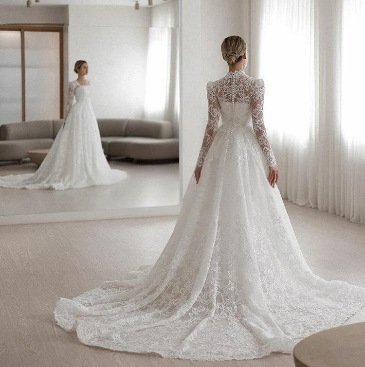 Embroidered Long Sleeve Trailing Wedding Dress - Serenity Spaces