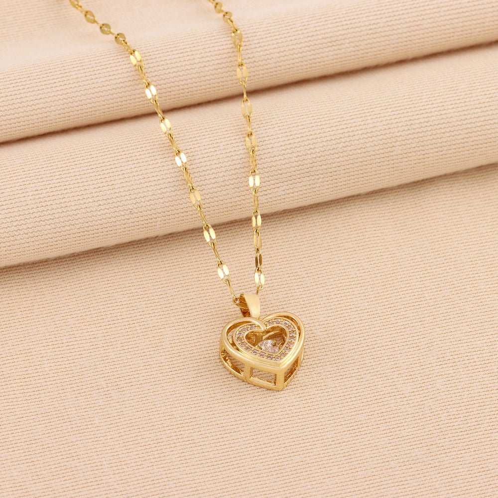 Double - layer Love Necklace With Rhinestones Titanium Steel Pendant Fashion Jewelry Woman Valentines Day Gift - Serenity Spaces