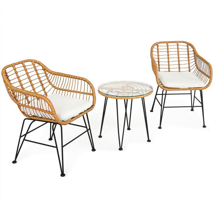 3 Pieces Rattan Furniture Set With Cushioned Chair Table - Serenity Spaces