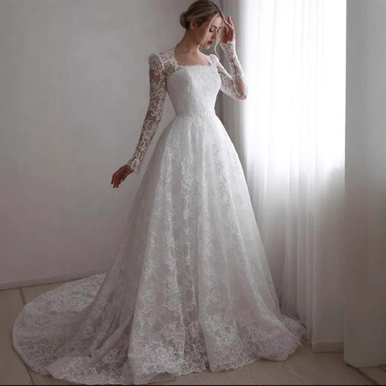 Embroidered Long Sleeve Trailing Wedding Dress - Serenity Spaces