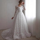 Embroidered Long Sleeve Trailing Wedding Dress - Serenity Spaces