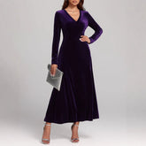 V - neck Long Sleeve Evening Dress Pleuche Dress - Serenity Spaces
