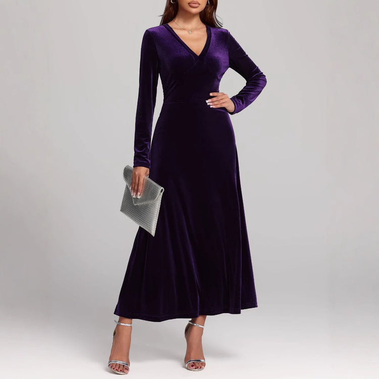 V - neck Long Sleeve Evening Dress Pleuche Dress - Serenity Spaces