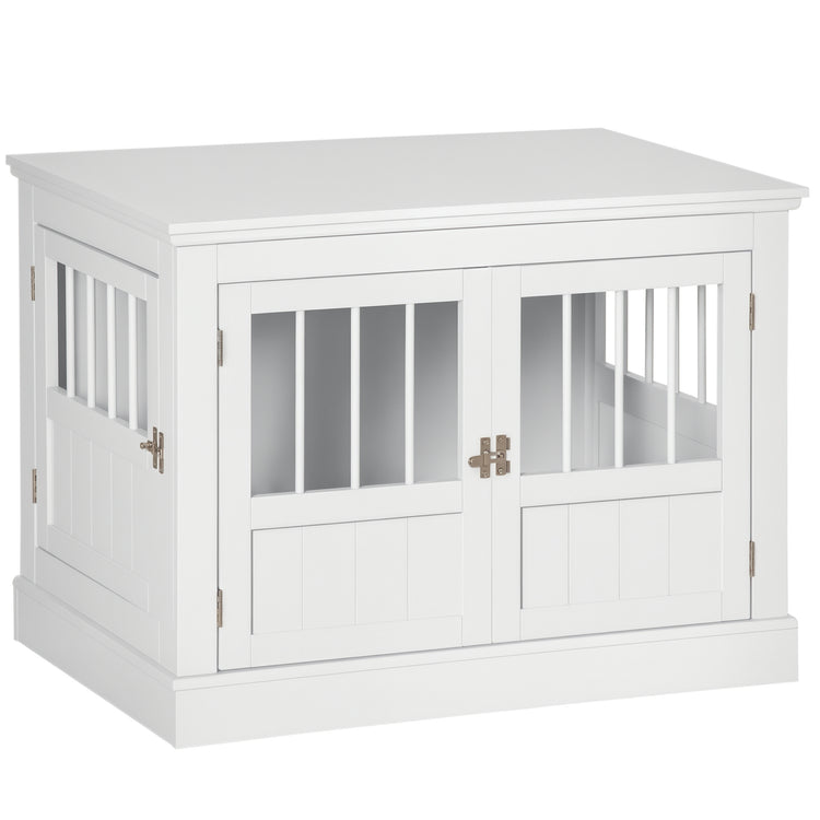Wooden Dog Crate End Table, Dog Crate Furniture with Triple Doors, Puppy Crate for Small Dogs Indoor Use, White - Serenity Spaces