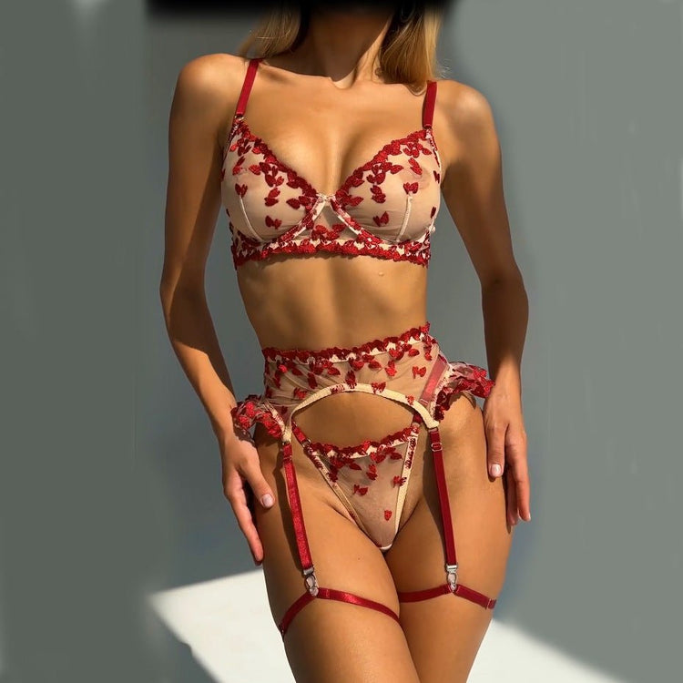 4 PCs Set Love Embroidered Mesh Lingerie Bra - Serenity Spaces
