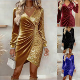 Fashionable V - neck Sequin Velvet Bodycon Dress - Serenity Spaces