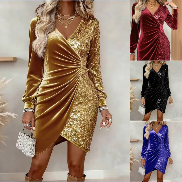 Fashionable V - neck Sequin Velvet Bodycon Dress - Serenity Spaces