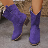 Pointed Toe Western Boots Fashion Retro Embroidered Chunky Square - heeled Mid - calf Boot For Women - Serenity Spaces