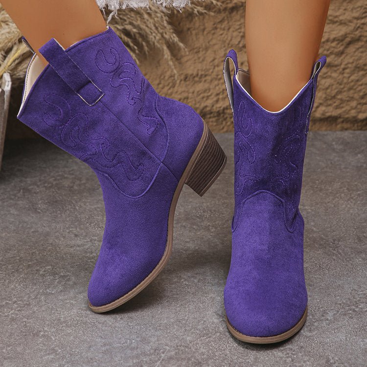 Pointed Toe Western Boots Fashion Retro Embroidered Chunky Square - heeled Mid - calf Boot For Women - Serenity Spaces