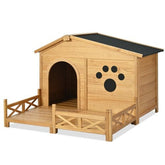 48 Wooden Dog House Outdoor With Porch, Dog Kennel With Water - Resistant Asphalt Roof And Fencing,Indoor & Outdoor Dog Crate With Paw Print, Medium, Nature - Serenity Spaces
