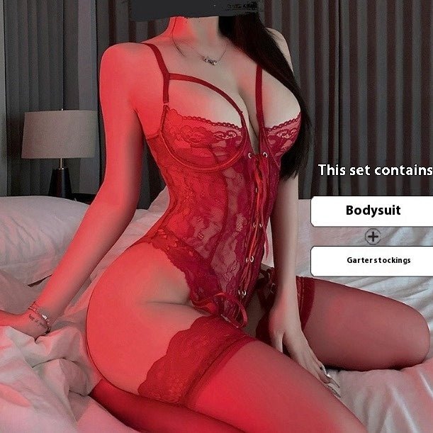 Lingerie Purple Charm Lace Jumpsuit Uniform Pure Desire Bandage Suit Women - Serenity Spaces