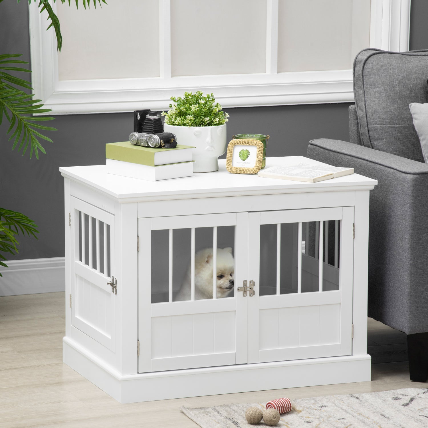 Wooden Dog Crate End Table, Dog Crate Furniture with Triple Doors, Puppy Crate for Small Dogs Indoor Use, White - Serenity Spaces