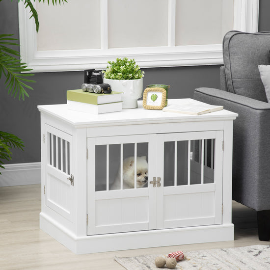 Wooden Dog Crate End Table, Dog Crate Furniture with Triple Doors, Puppy Crate for Small Dogs Indoor Use, White - Serenity Spaces