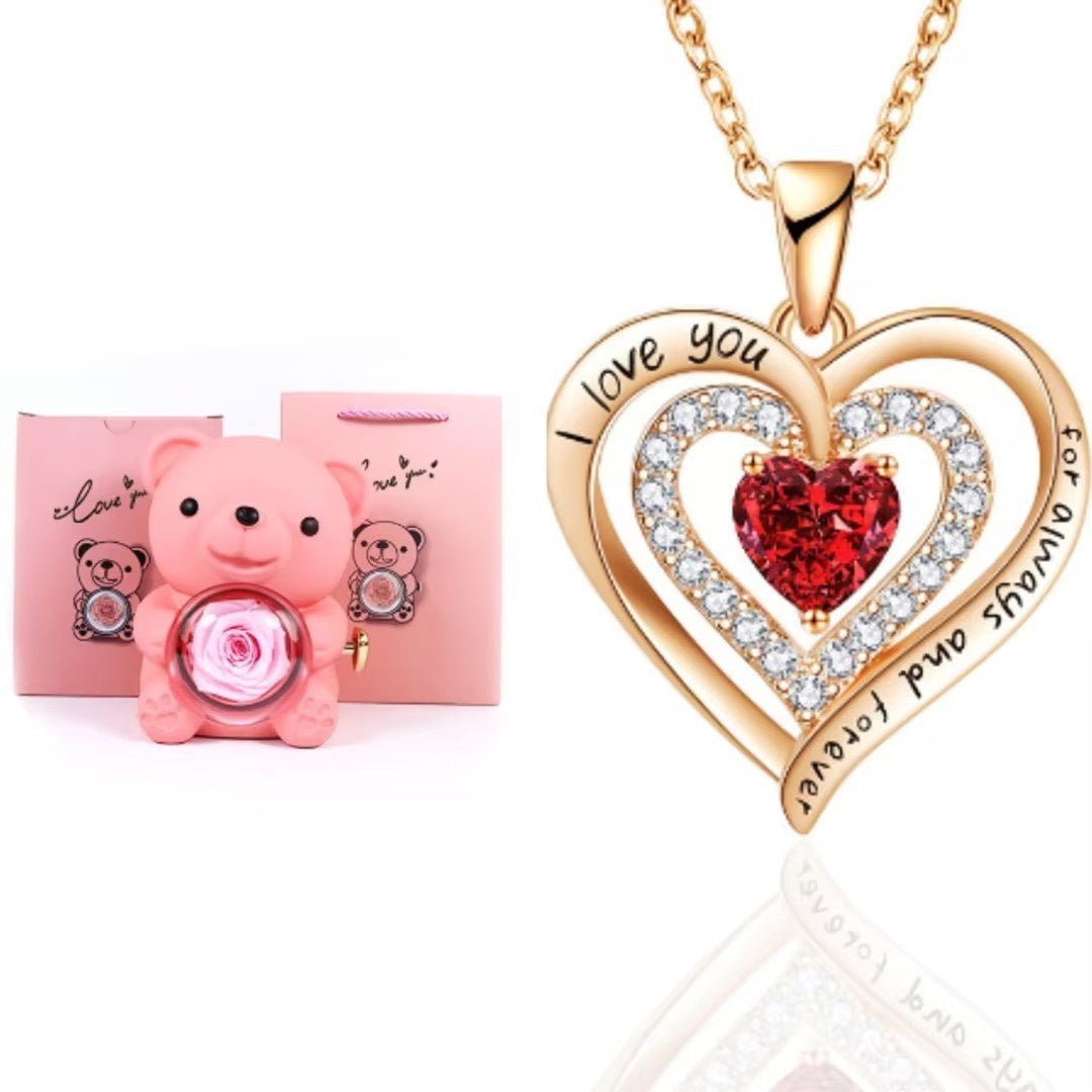 Eternal Rose Teddy Bear Gifts Box With Necklace Rotate Rose Jewelry Box Valentine Wedding Storage Gift Case For Women Girlfriend - Serenity Spaces