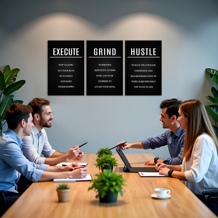 Hustle Grind Execute Wall Art Set - 3 Pieces 16"X24" Motivational Canvas Wall Art with Wooden Frame, Inspirational Quotes Decor for Office & Home Motivational Posters, Office & Gym Decor - Serenity Spaces
