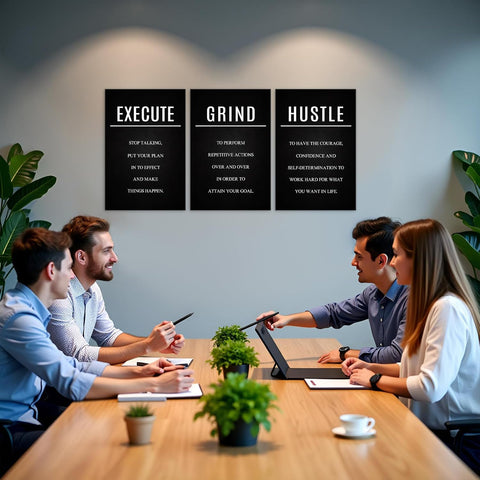 Hustle Grind Execute Wall Art Set - 3 Pieces 16"X24" Motivational Canvas Wall Art with Wooden Frame, Inspirational Quotes Decor for Office & Home Motivational Posters, Office & Gym Decor