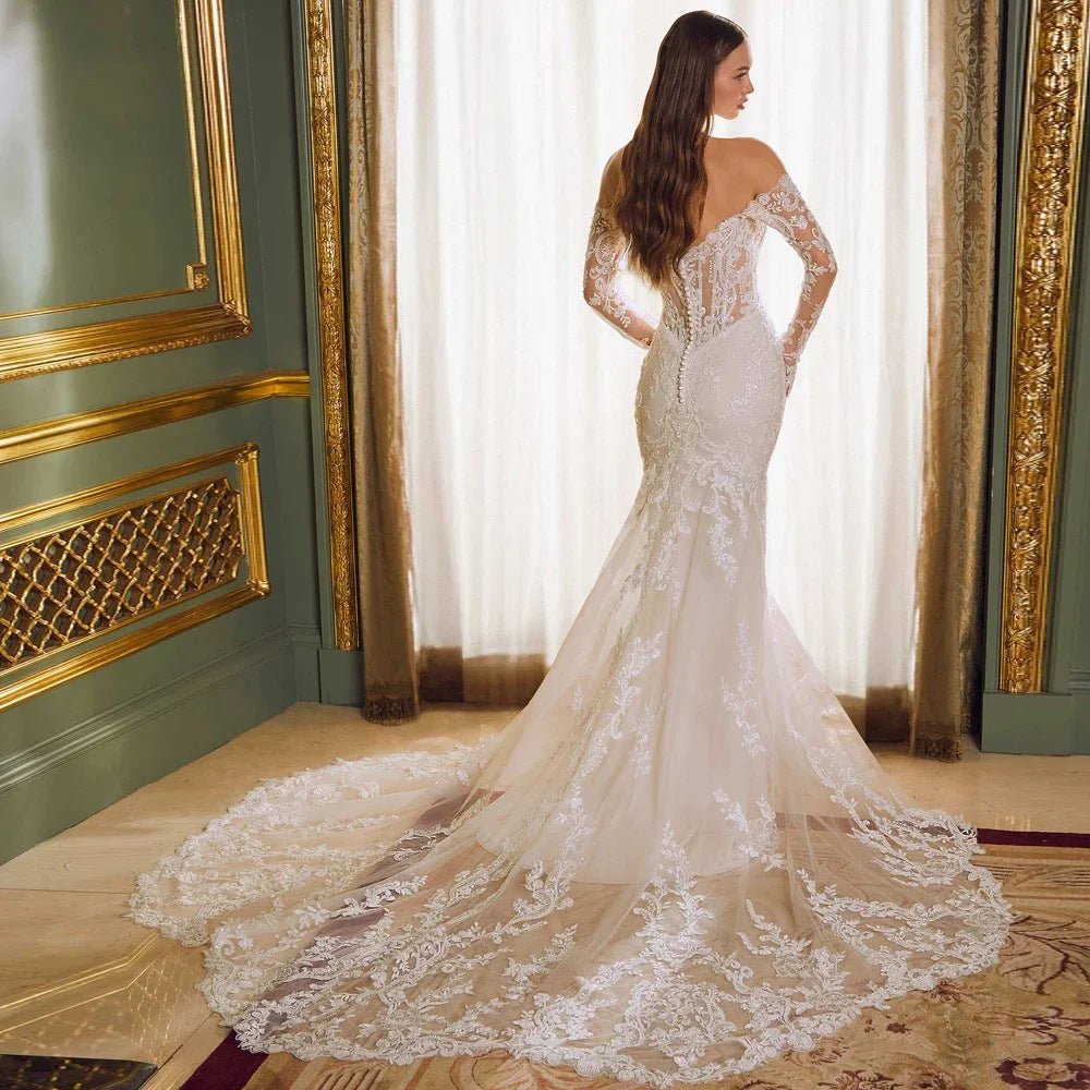 Off - shoulder Lace Long Sleeve Fishtail Gown - Serenity Spaces