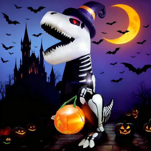 8 FT Halloween Inflatable Skeleton Dinosaur with Build-In Leds Pumpkin Decorations,Halloween Outdoor Decorations Blow up Yard Decorations