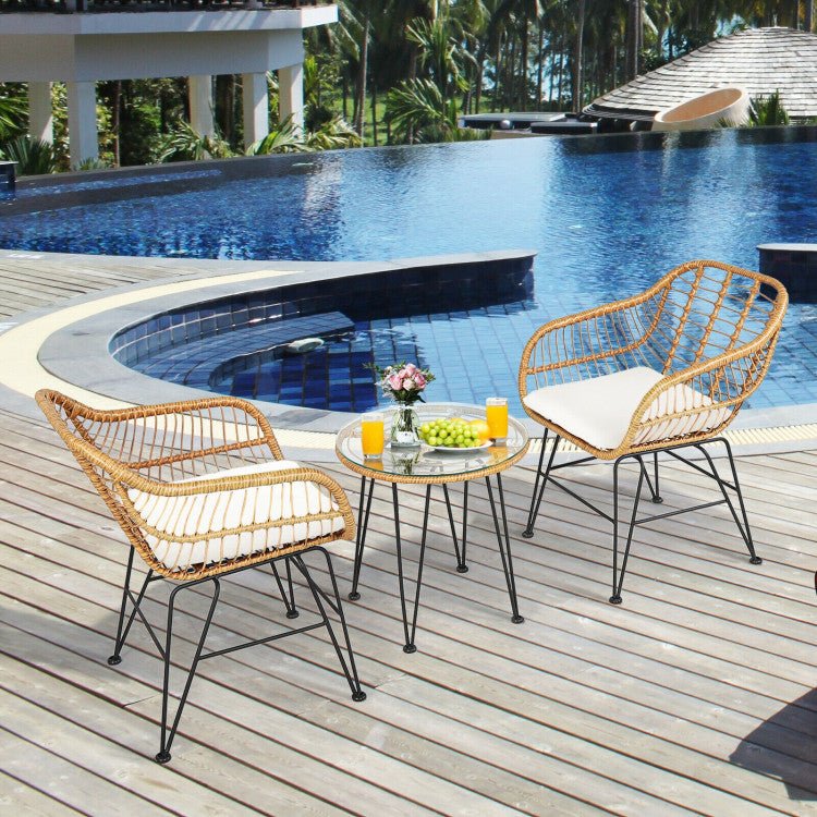 3 Pieces Rattan Furniture Set With Cushioned Chair Table - Serenity Spaces