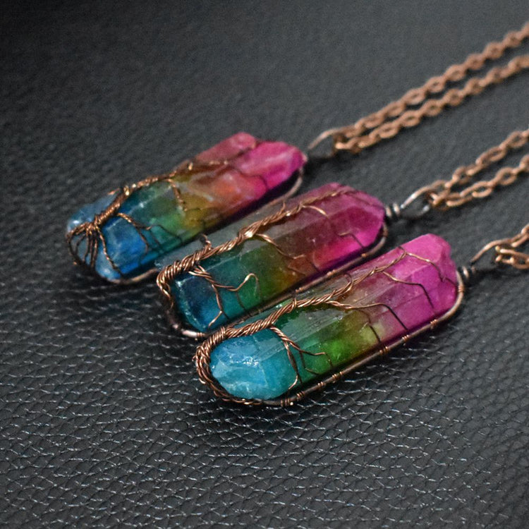 Hot Selling Stone Crystal Pillar Tree Of Life Pendant Ins Fashion Necklace - Serenity Spaces
