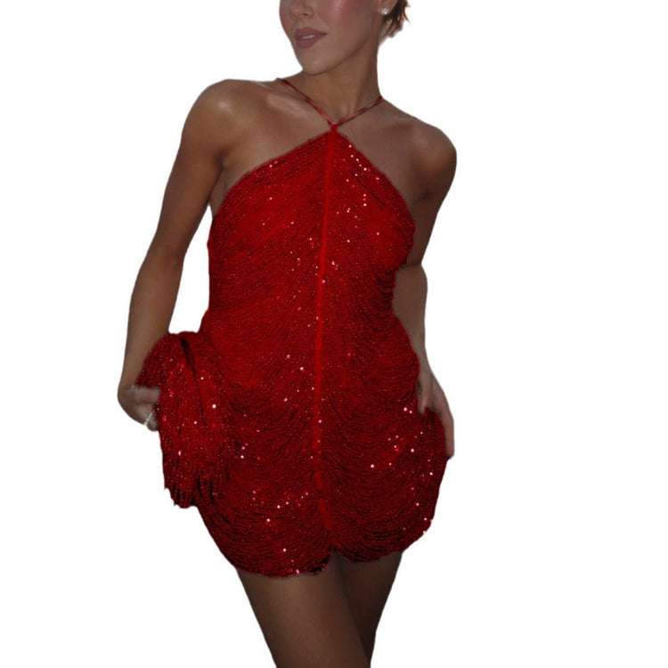 Sequin Tassel Halter Party Dress For Women - Serenity Spaces
