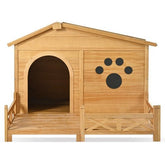 48 Wooden Dog House Outdoor With Porch, Dog Kennel With Water - Resistant Asphalt Roof And Fencing,Indoor & Outdoor Dog Crate With Paw Print, Medium, Nature - Serenity Spaces
