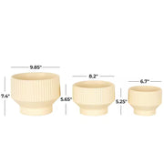 7 In., 6 In. and 5 In. Small Cream Ceramic Wide Planter with Linear Grooves and Tapered Bases (3-Pack)