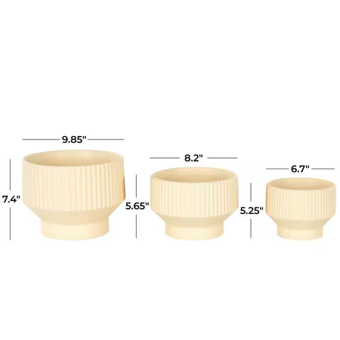 7 In., 6 In. and 5 In. Small Cream Ceramic Wide Planter with Linear Grooves and Tapered Bases (3-Pack)