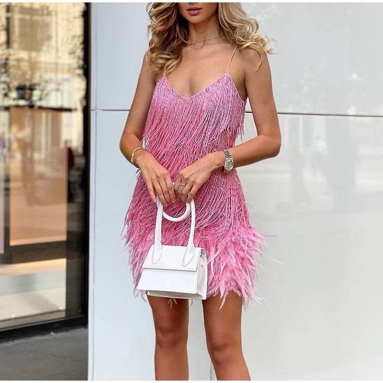 Sexy Tassel Sequins Feather Summer Mini Dress Women V Neck Spaghetti Strap Stitching Dresses Female Elegant Evening Party Club Dress - Serenity Spaces