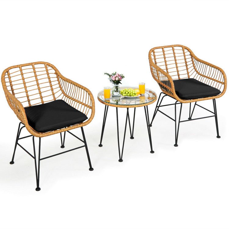 3 Pieces Rattan Furniture Set With Cushioned Chair Table - Serenity Spaces