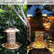Solar Bird Feeder Hanging with LED Solar Powered Light for outside Garden Decor Waterproof Retro Metal Garden Lantern Birdfeeders for Yard Outdoor Home Decoration