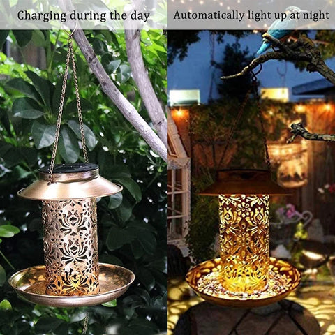 Solar Bird Feeder Hanging with LED Solar Powered Light for outside Garden Decor Waterproof Retro Metal Garden Lantern Birdfeeders for Yard Outdoor Home Decoration