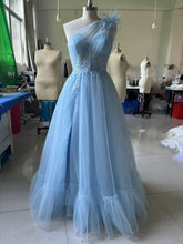 Blue One - shoulder Feather Wedding Dress - Serenity Spaces