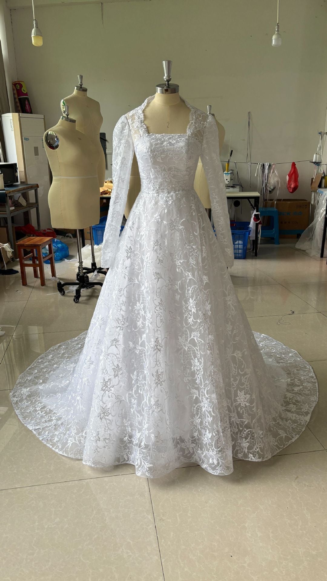 Embroidered Long Sleeve Trailing Wedding Dress - Serenity Spaces