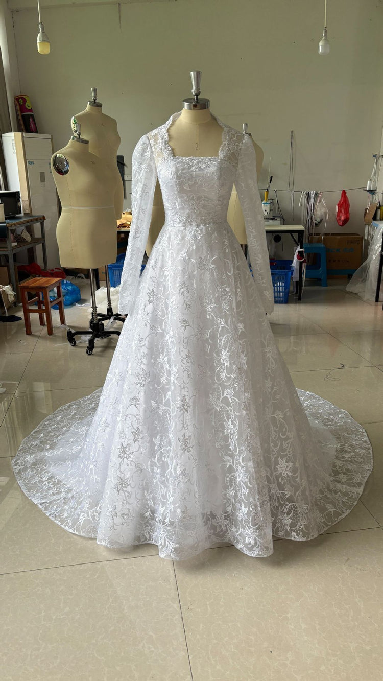 Embroidered Long Sleeve Trailing Wedding Dress - Serenity Spaces