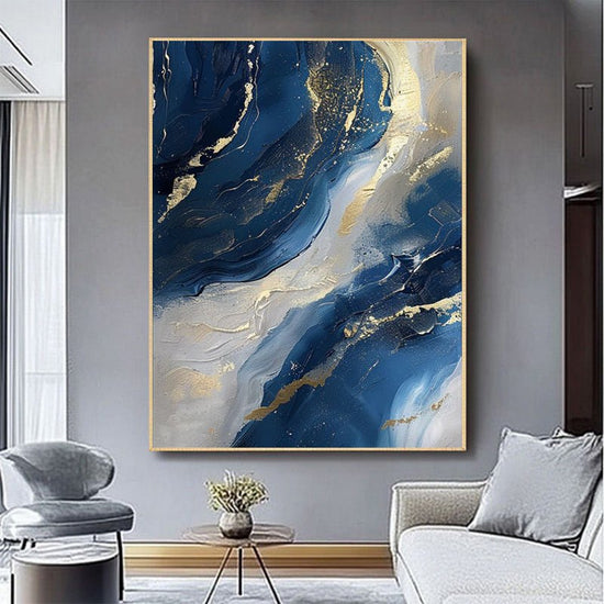 Luxury Handmade Abstract Oil Painting Wall Art Modern Golden Blue Minimalist Texture Canvas Mural For Living Room Decor Frameless - Serenity Spaces