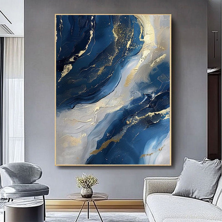 Luxury Handmade Abstract Oil Painting Wall Art Modern Golden Blue Minimalist Texture Canvas Mural For Living Room Decor Frameless - Serenity Spaces